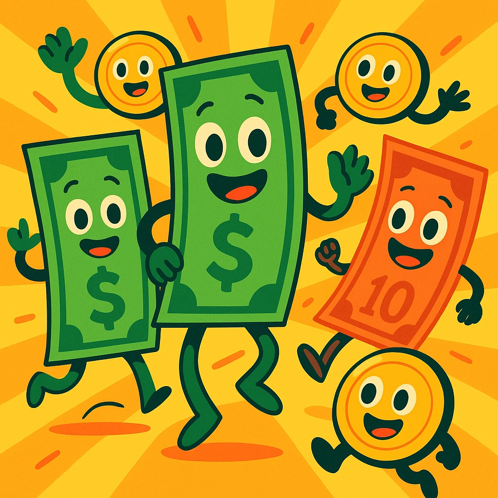 money, playful cartoon style, colorful, lively emoji