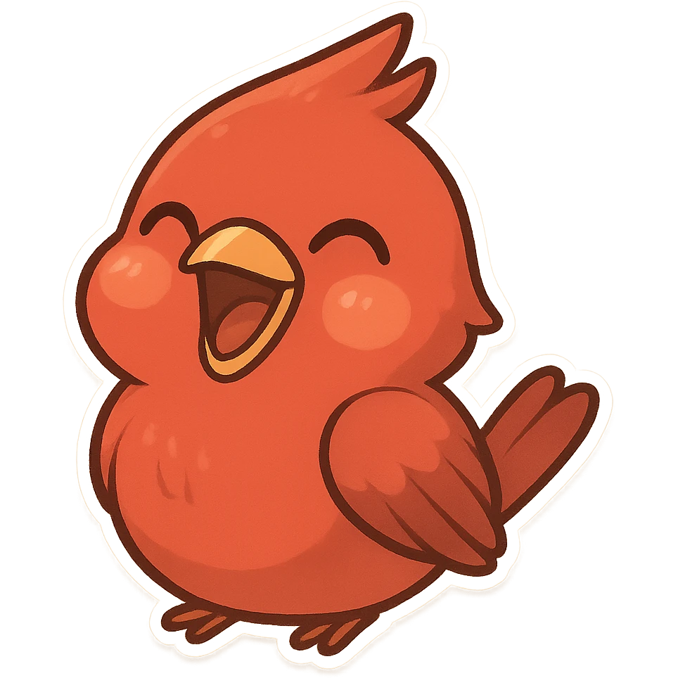 Chibi red male cardinal laughing with eyes closed and beak wide open, soft glowing cheeks, cozy cartoon emoji. emoji