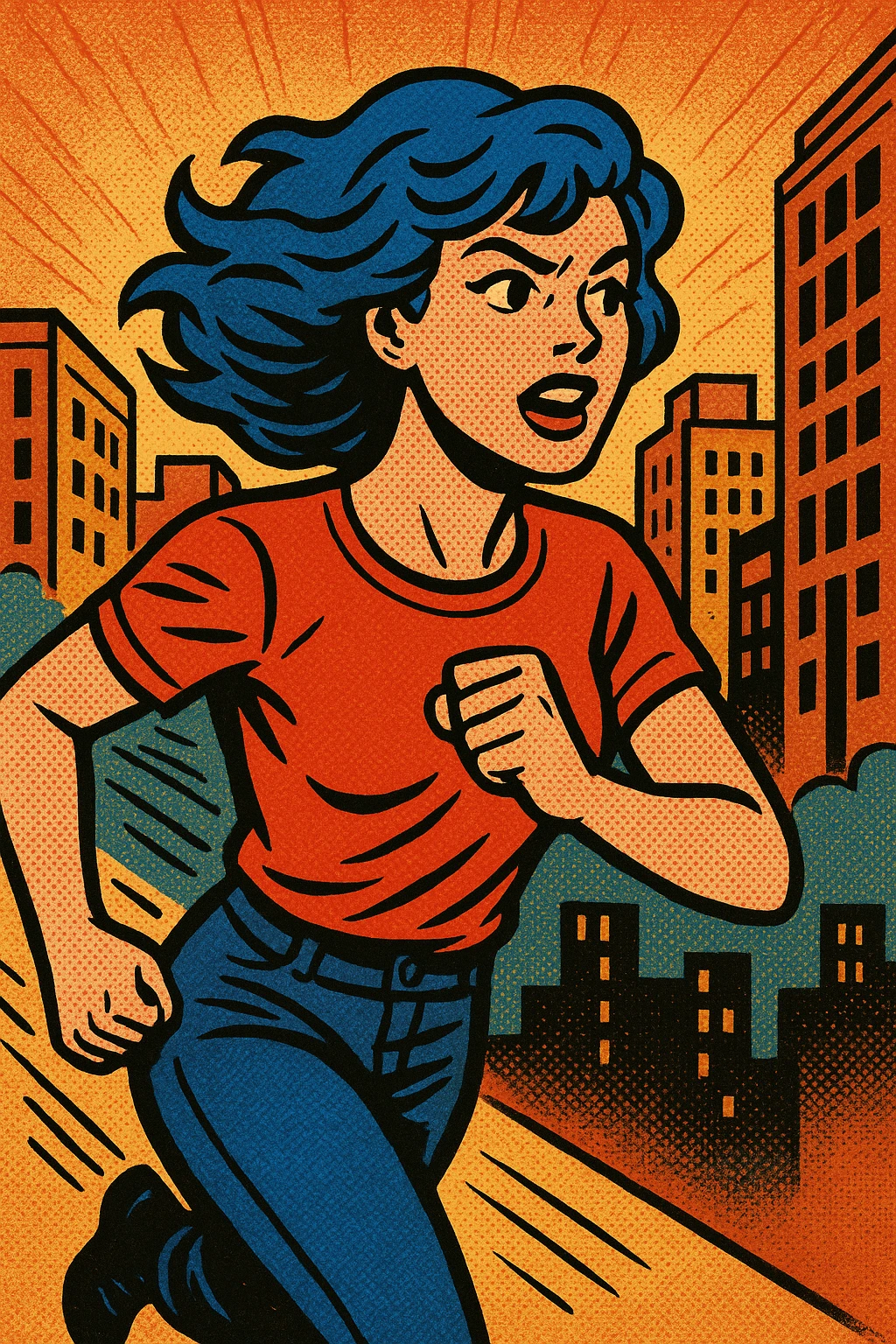 Woman with blue hair running in a city emoji