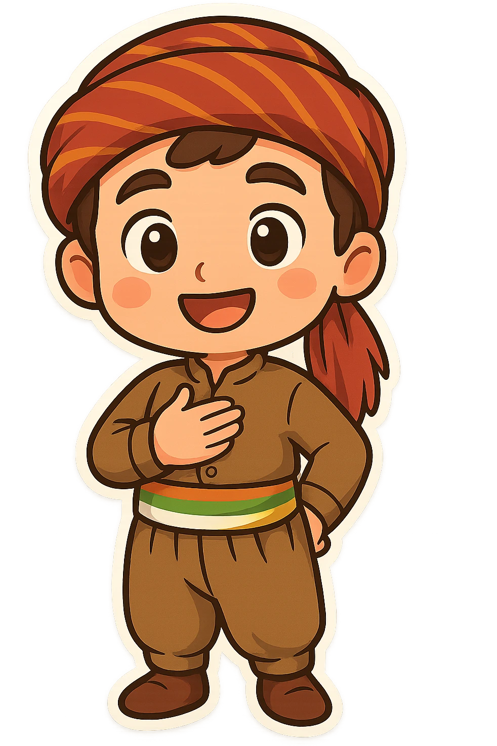 cartoon sticker of a Kurdish boy in traditional clothing, hand on chest (salute) pose, open smile, colorful and cheerful, no text, suitable for WhatsApp and Instagram emoji