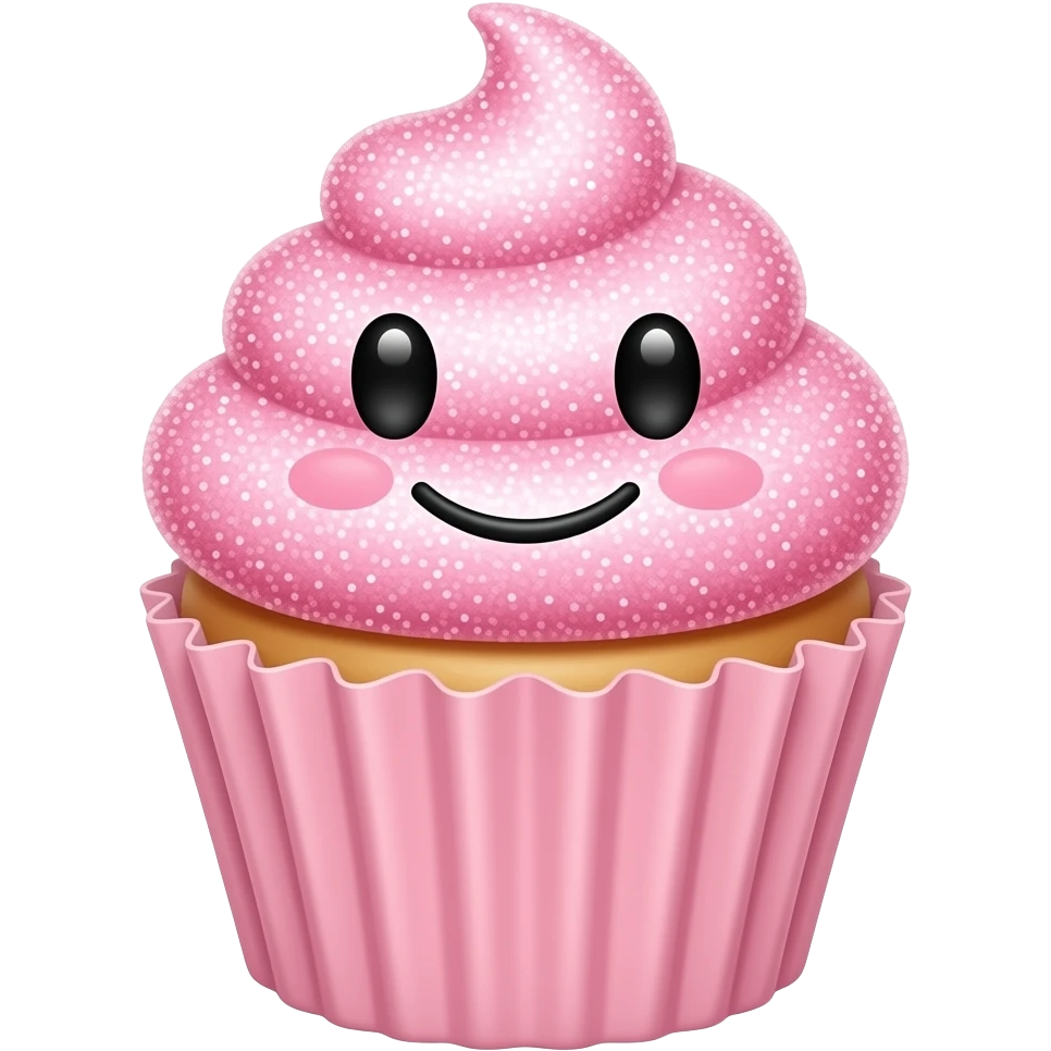 Um cupcake rosa com muito brilho, feliz e sorridente, com um rosto... emoji