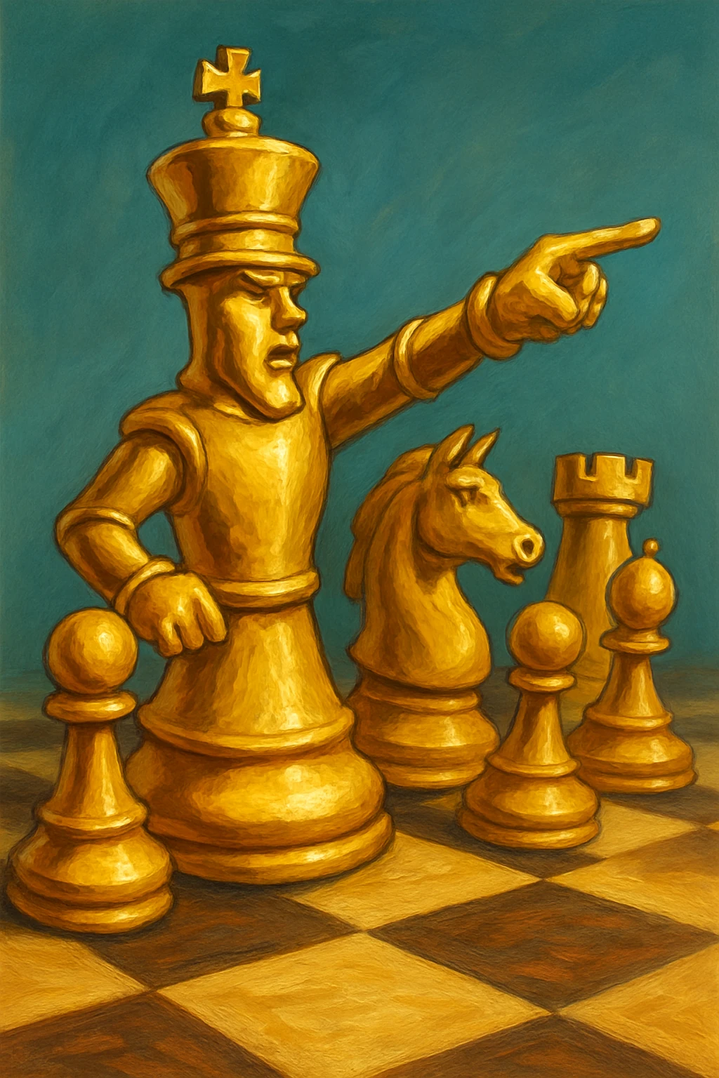 В cлегка рисованной, но при этом объемной, яркой и фотореалистичный стилистике сгенерируй картинку где по центру стоит шахматный король сделанный из качественного золота, он указывает пальцем в даль как военноначальник, а рядом фигуры пешек, конь, ладья, слон идут в атаку, на полу виднеется шахматная доска, фон позади фигур однотонный emoji