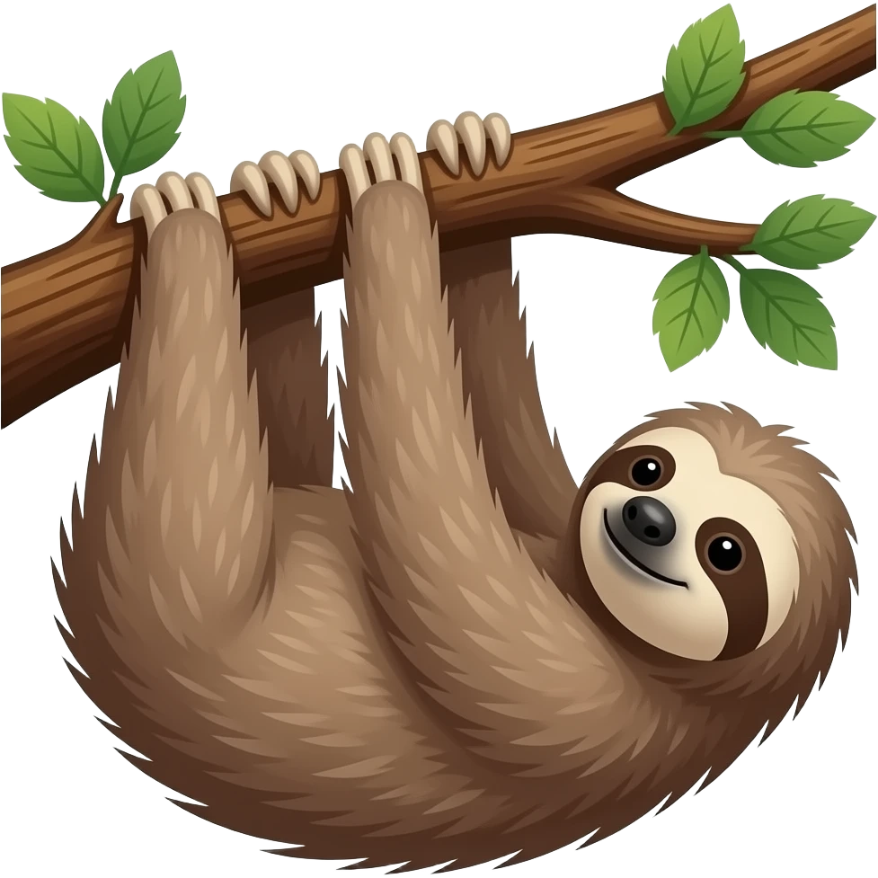 hanging sloth with long limbs big tree branch drink morning coffee emoji