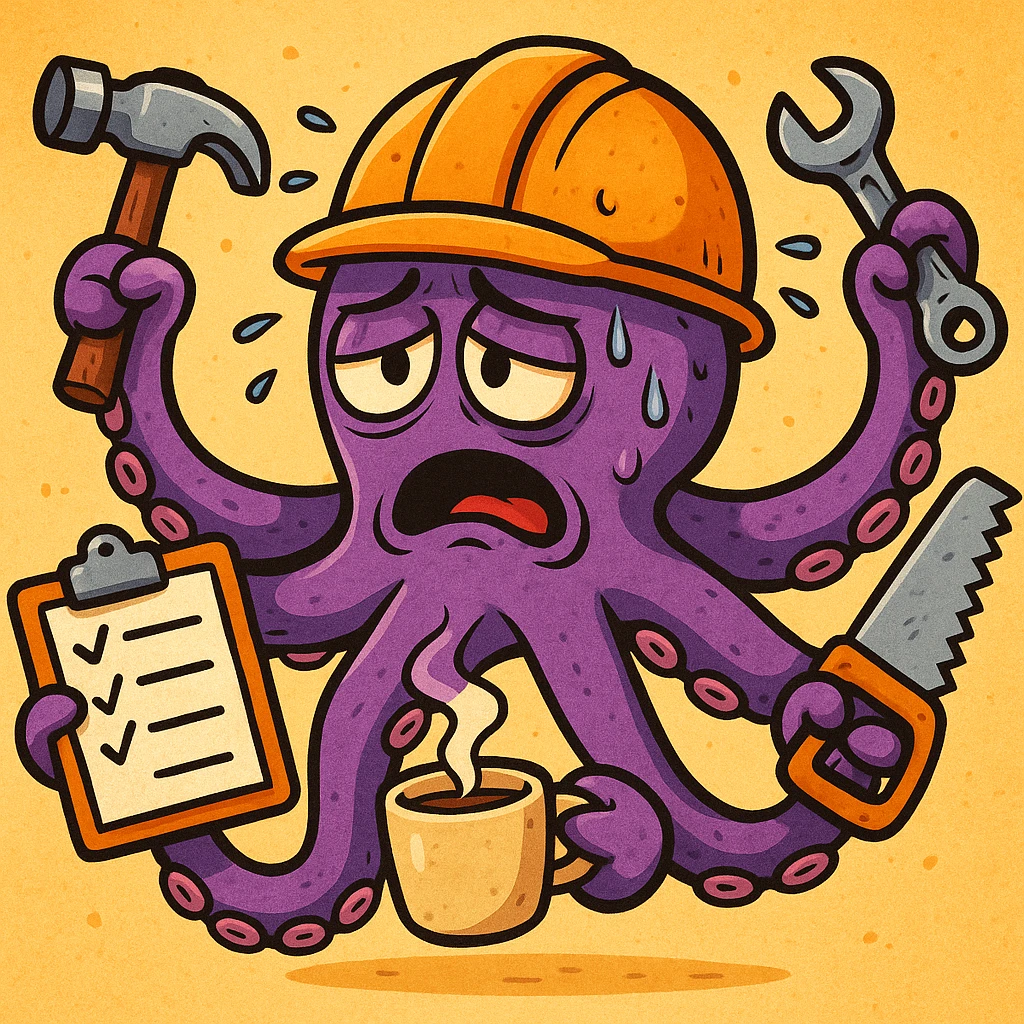 A stressed, tired worker in a helmet, illustrated as an octopus. Each tentacle is busy: one with a hammer, one with a checklist, one with a wrench, one with a saw, and one with coffee. The worker looks like he can't keep up, expressive and colorful cartoon style. emoji