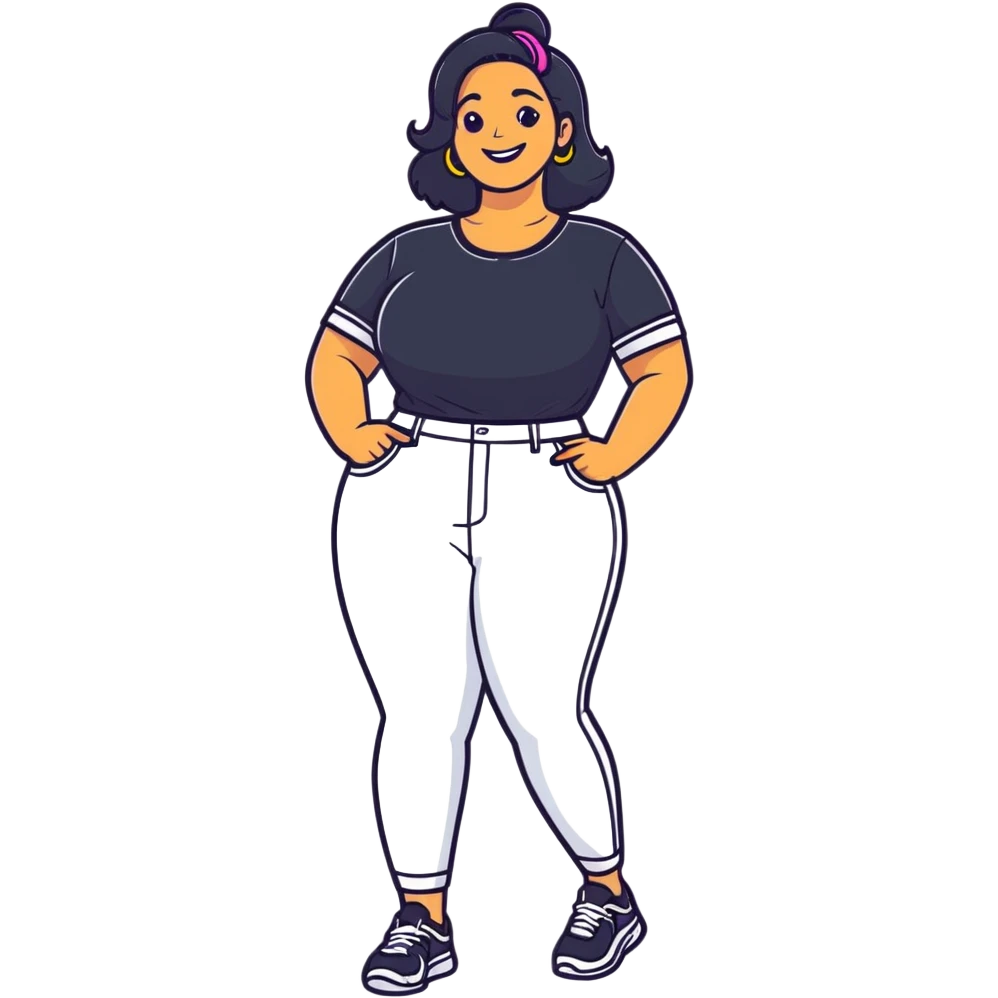cartoon sticker of a smiling, curvy girl with hands on hips, bright outfit, energetic vibe emoji