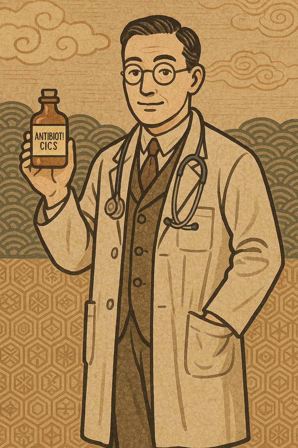 A 1920s doctor standing with a bottle of antibiotics emoji