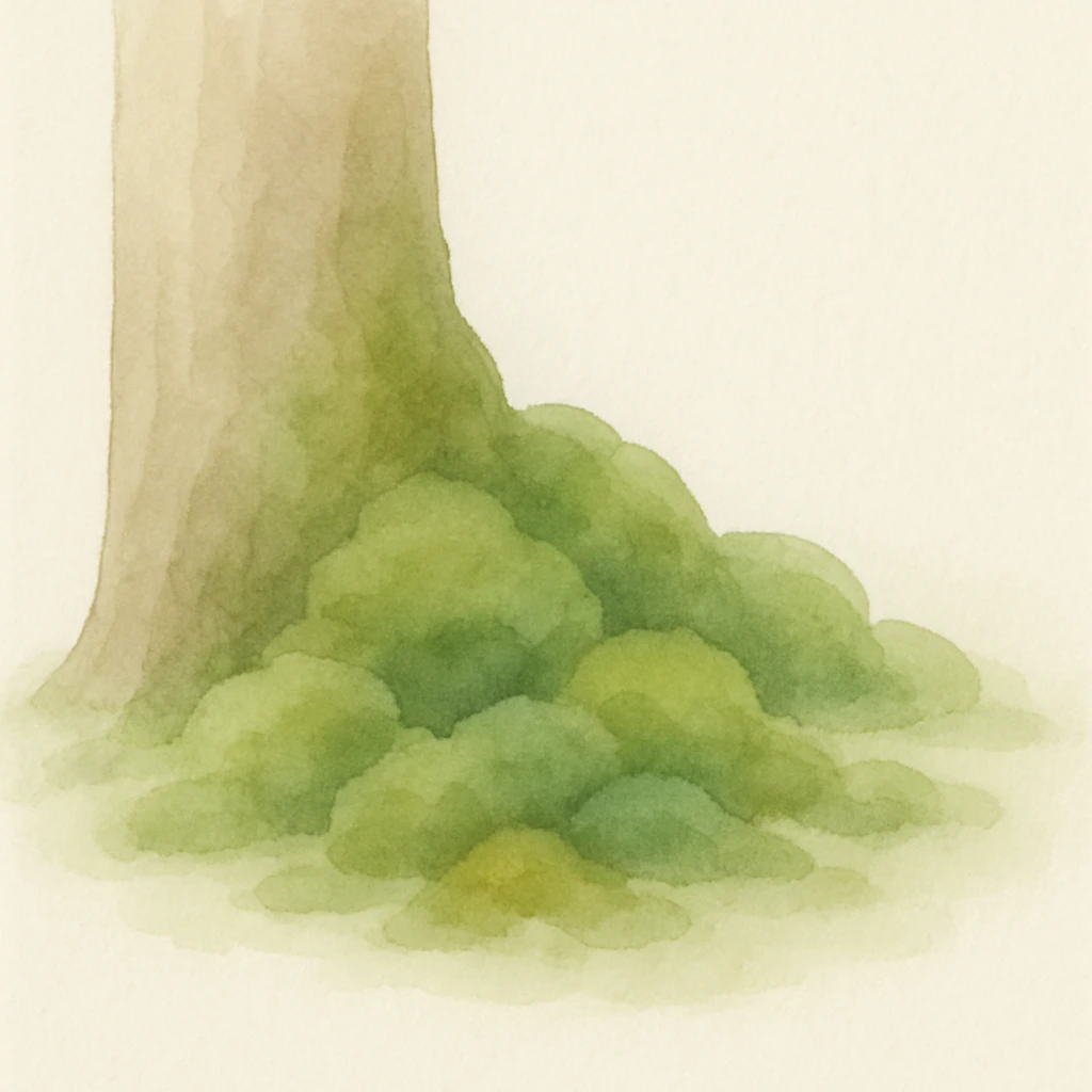 moss on a tree base, watercolor illustration, gentle brushstrokes, natural greens and browns emoji