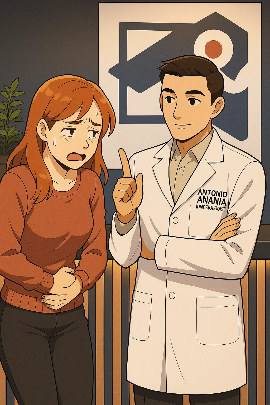 su questo stile fai un manga/webtoon a colori in cui una donna PREOCCUPATA FA UNA DOMANDA ALL'UOMO, l'uomo della foto in stile manga LE DICE DI "NO" CON IL DITO, mantieni un ambiente simile alla foto che ho allegato con il suo logo (sarebbe il suo studio, lui è un kinesiologo), scrivigli "ANTONIO ANANIA" sul camice bianco, non mettere fumetti, ma fai in modo che sembri che la donna CHIEDA ALLARMATA E L'UOMO LA TRANQUILLIZZI emoji