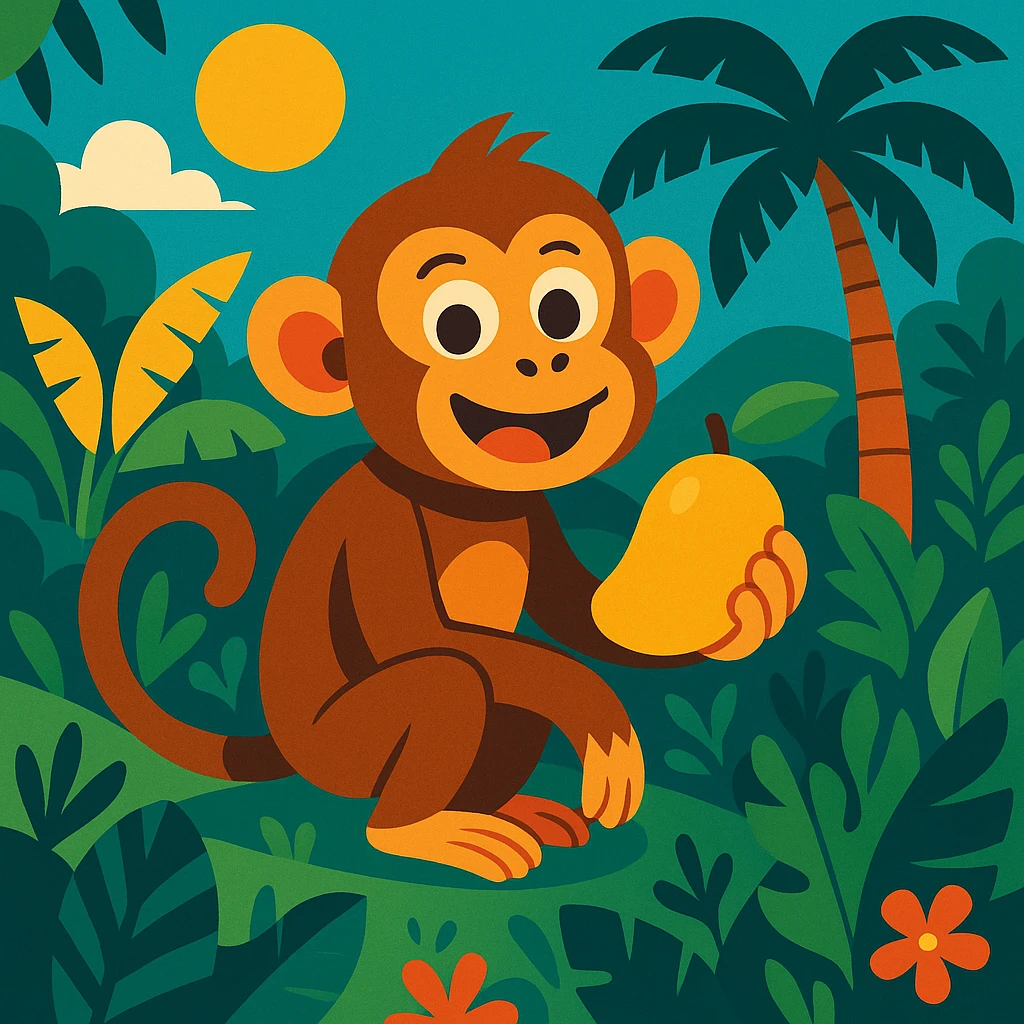 a monkey in the Philippines holding a mango in a lush jungle setting emoji