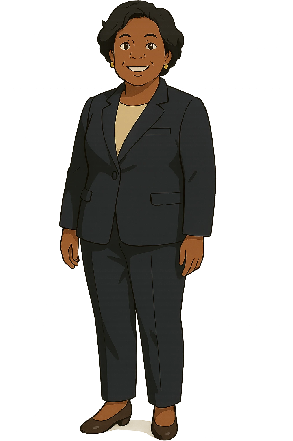 The full body of a modern day middle aged black female politician wearing a suite and smiling emoji