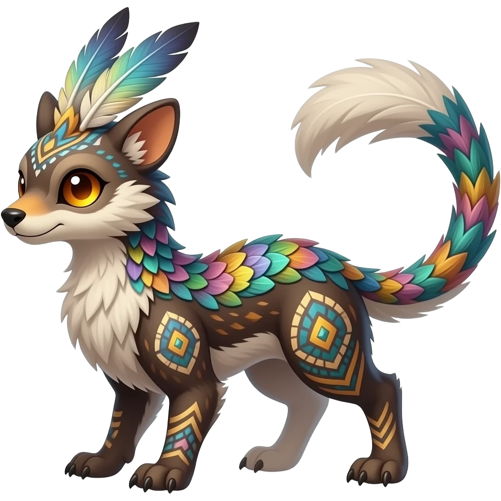Tribal-patterned aboriginal majestic feathery elegant realistic stylish Furry, fluffy feathery tropical painted scaly, colorful Litten-Minccino-Bambino-Linoone-Zangoose-fusion-hybrid-animal-Fakémon-creature, full body, thin long sleek tufted tail, intricate markings emoji