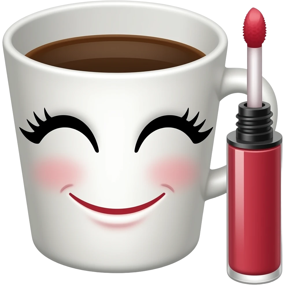 smiling coffee cup with lip gloss and lash emoji