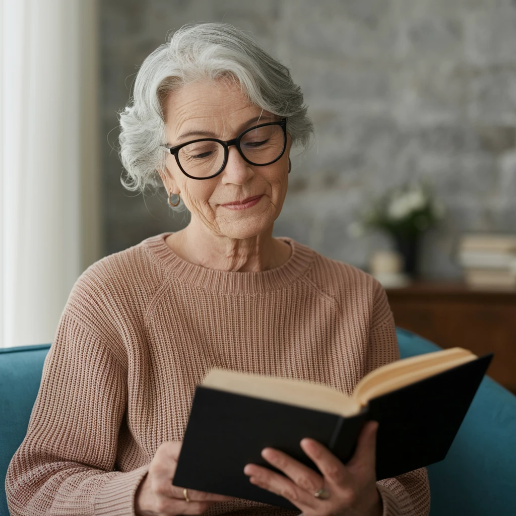older woman wearing glasses, reading a book, gentle look emoji