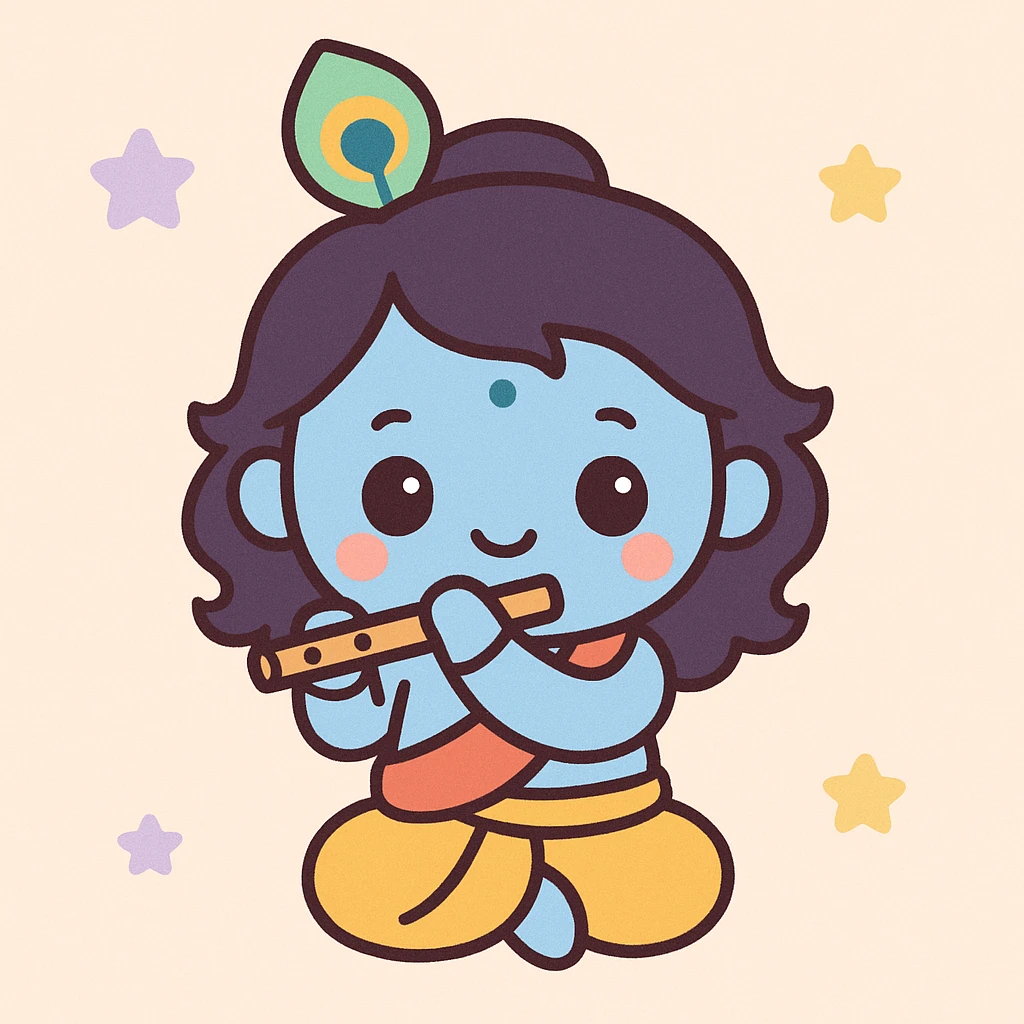Krishna, the Hindu deity, with blue skin, peacock feather crown, gentle smile, in Kawaii style, cute and vibrant emoji