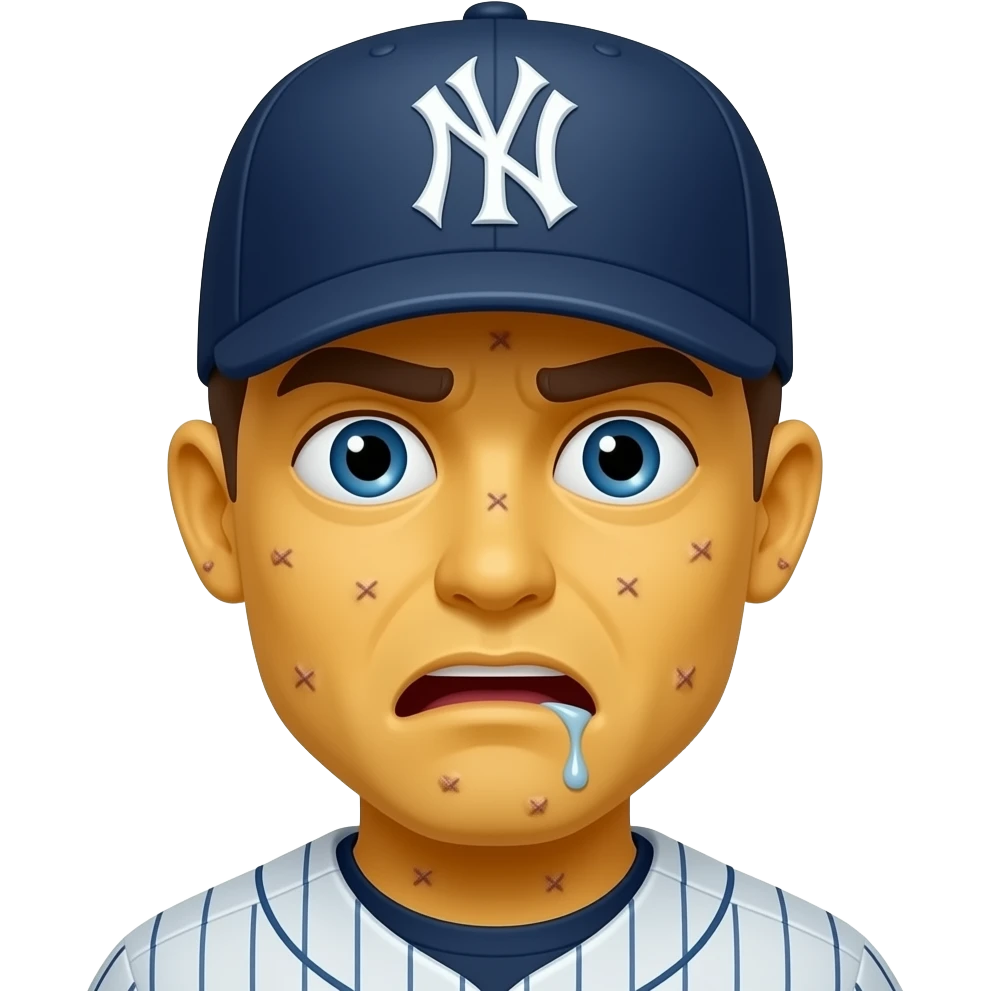 Yellow 3d emoji, New York Yankees hat, drooling mouth slightly open, covered in warts, crossed eyes stupid emoji