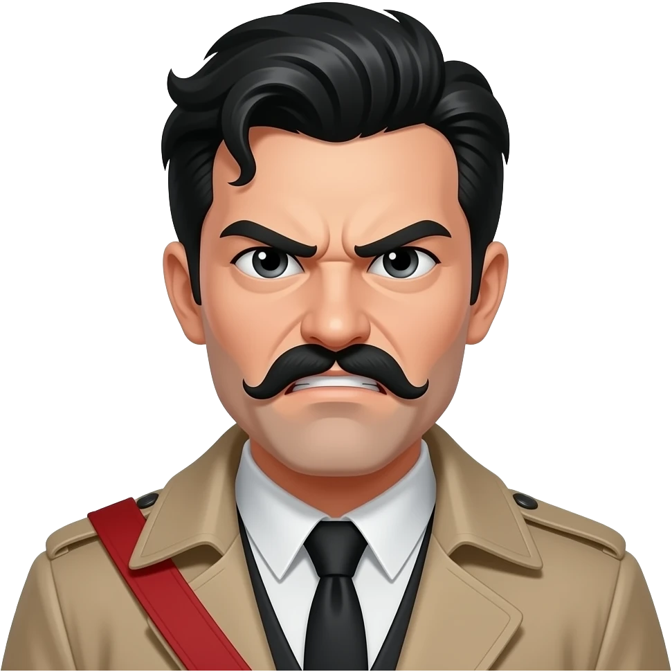 An angry man with black waves hair and a skinny square black toothbrush mustache specifically the style of mustache and he is in a trench coat with a red shoulder band. emoji