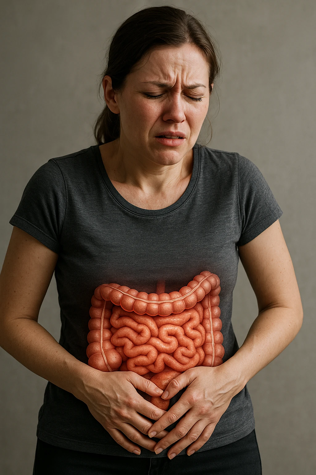 donna in piedi che si tiene la pancia con intestino umano anatomico e mal di pancia, iperrealistica 4k emoji