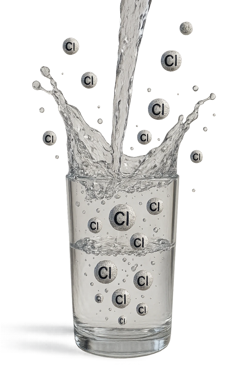 un bicchiere di acqua cade verticalmente dall'alto realistico e dettagliato, dentro l'acqua del bicchiere ci sono particelle di cloro ben visibili con la scritta "Cl" sopra, ci sono particelle anche che escono dal bicchiere e fluttuano in aria verticalmente, mentre alcune sono all'interno dell'acqua nel bicchiere, iperrealistico 4k emoji