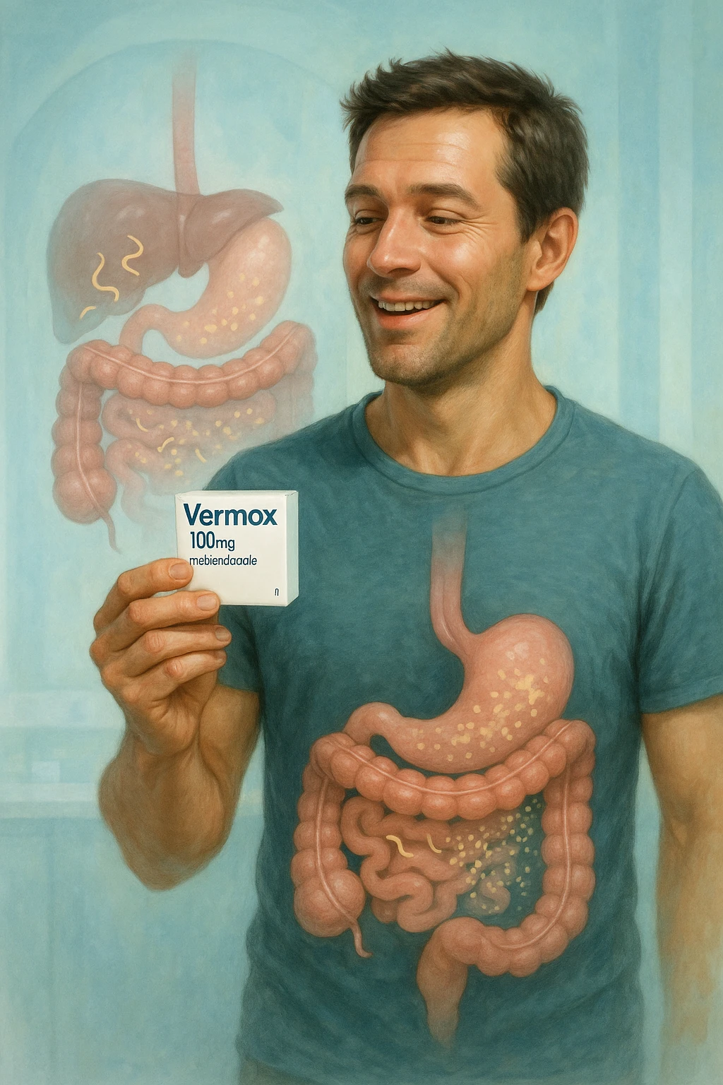 A realistic, cinematic illustration of a man in his late 30s holding a small white box of ‘Vermox’ (mebendazole) in one hand, with a relieved and hopeful expression on his face. Behind him, a semi-transparent overlay shows his digestive tract where small, symbolic worm-like parasites are dissolving and disappearing, indicating the medication’s effect. The environment is clean and bright, with a medical yet hopeful tone, conveying the concept of effective parasite removal. Subtle blue and green tones symbolize cleansing and health restoration, while the man appears energized and ready to reclaim his well-being emoji