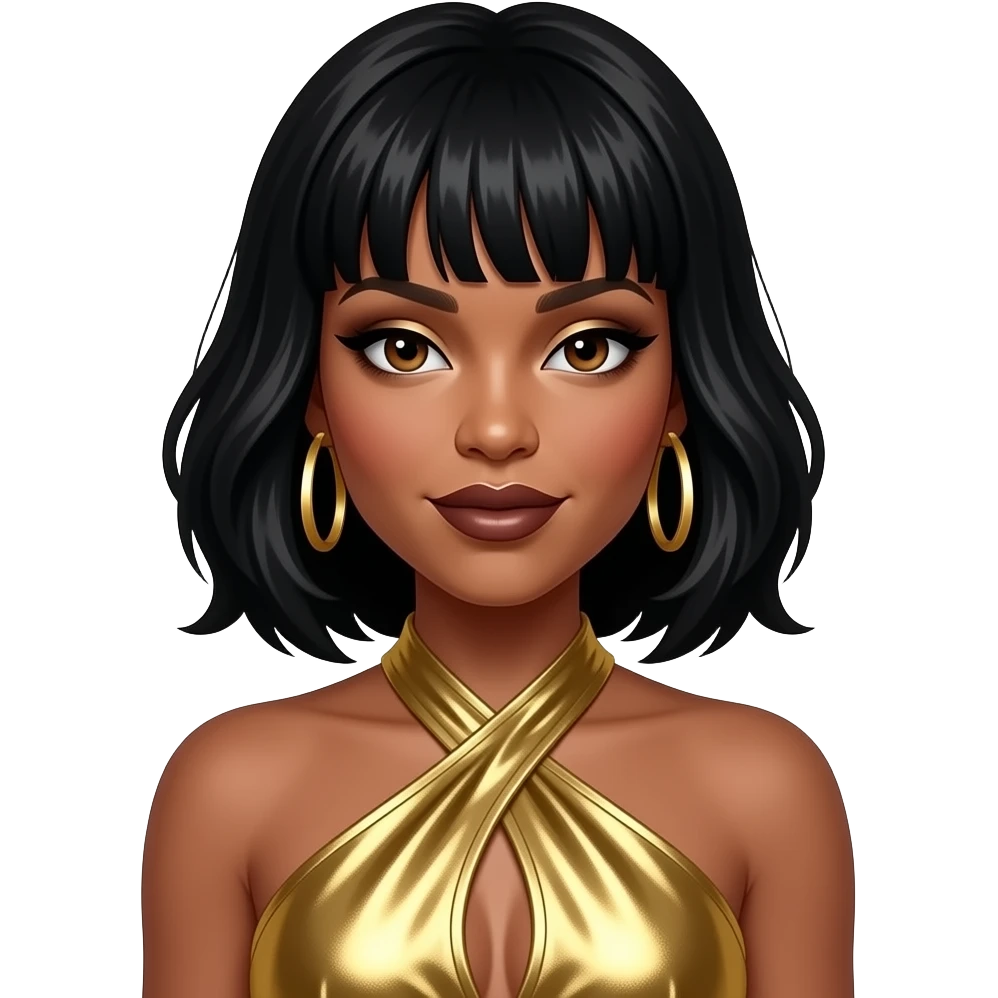 LeToya Luckett from Destiny's Child with dark brown eyes, long black 90s soft shaggy bob bang hair, gold eyeshadow, dark brown lipstick, gold metallic halter dress, gold earrings emoji