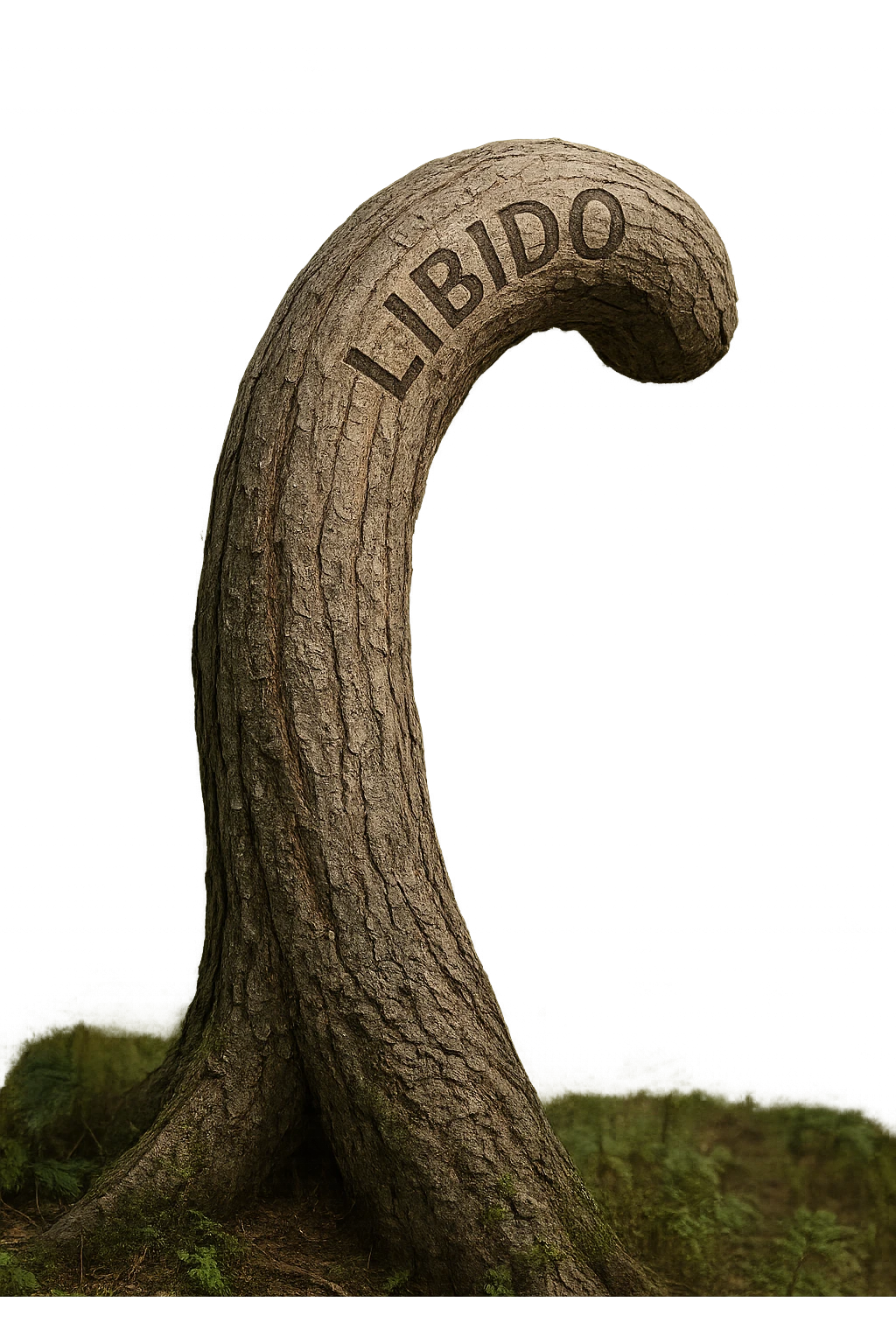 Realistic, vertical 4K illustration: a hyperrealistic tree trunk in a forest setting, noticeably bent, drooping, or wilted instead of standing upright. The bark is textured and detailed WITH THE WORD "LIBIDO" PRINTED ON IT, with subtle cracks and faded colors suggesting loss of vitality. Soft, natural light filters through the surrounding trees, casting gentle shadows. The scene is quiet and contemplative, with the trunk’s unusual, slumped posture symbolizing a decline in male libido. The background is lush and detailed, but the focus remains on the central, softened trunk, evoking a sense of vulnerability and introspection. emoji