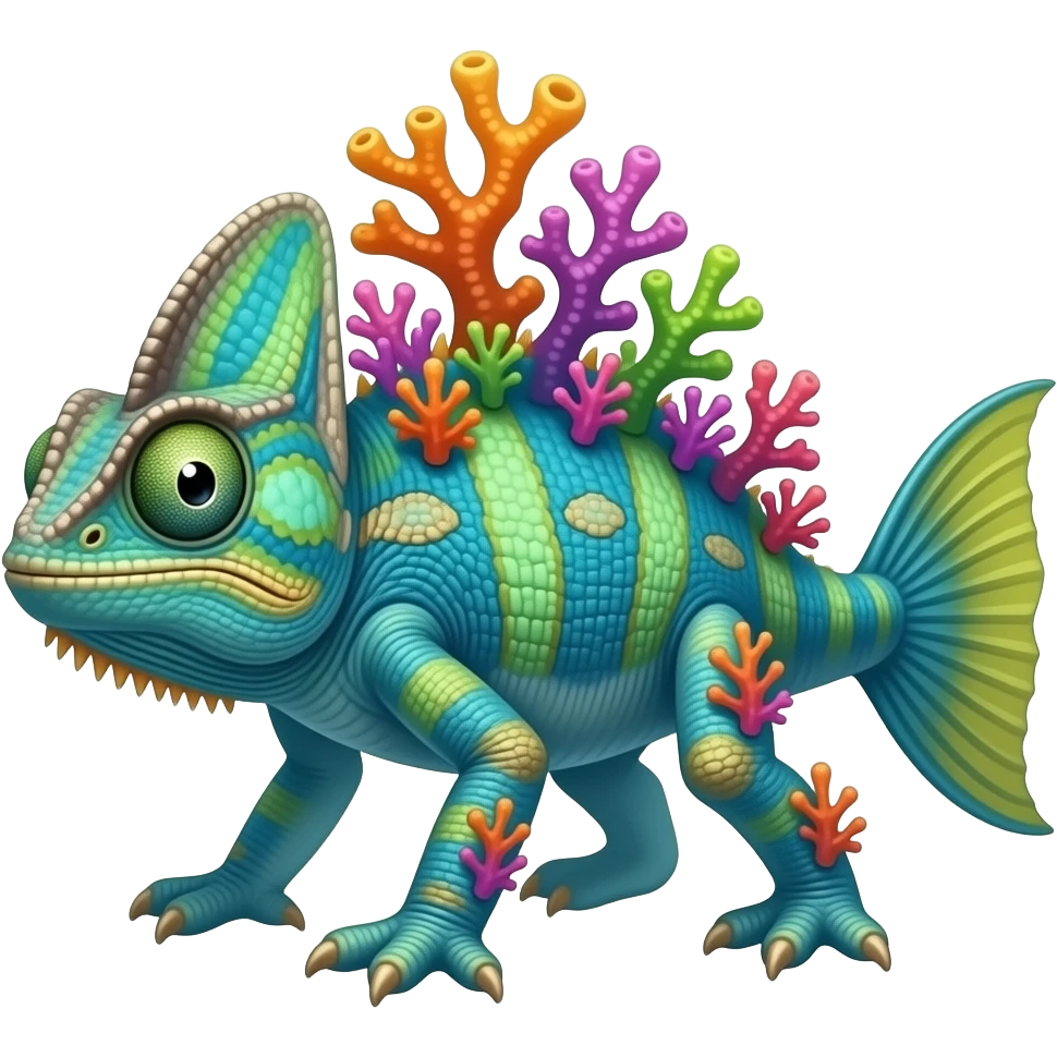 Coralisk A basilisk-like reef guardian with multicolor coral growths along its back, head, and legs, with shiny pearl-like eyes. It can shape hard coral barriers to defend its territory. Has fins to swim faster emoji
