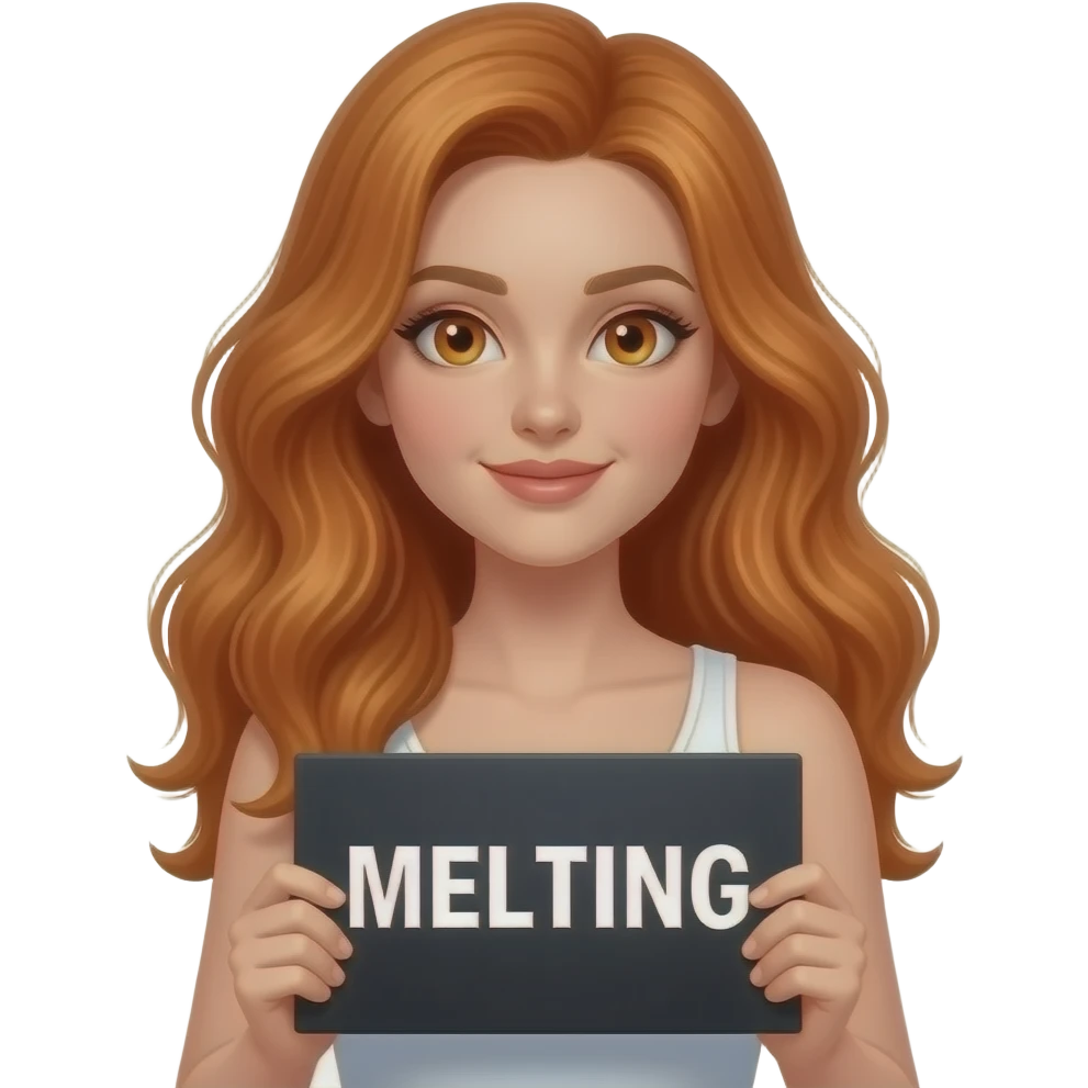 sexy girl with long wavy ginger hair and ginger eyes wearing a white tanktop is holding a black colored sign with MELTING written on it emoji