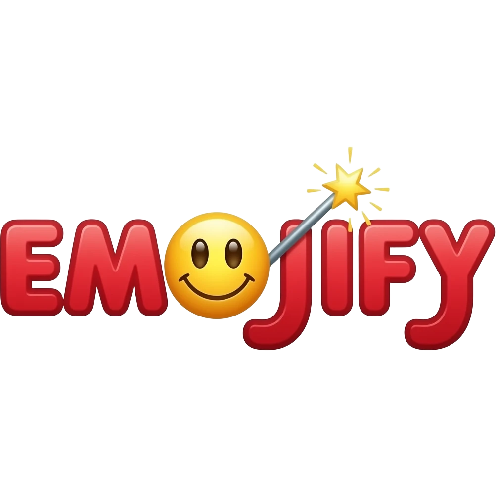 Red text "EMOJIFY" is stretched in height and width. Letter "O" is a smiley face. Letter "J" in the form of a magic wand with sparkles a on the end. emoji