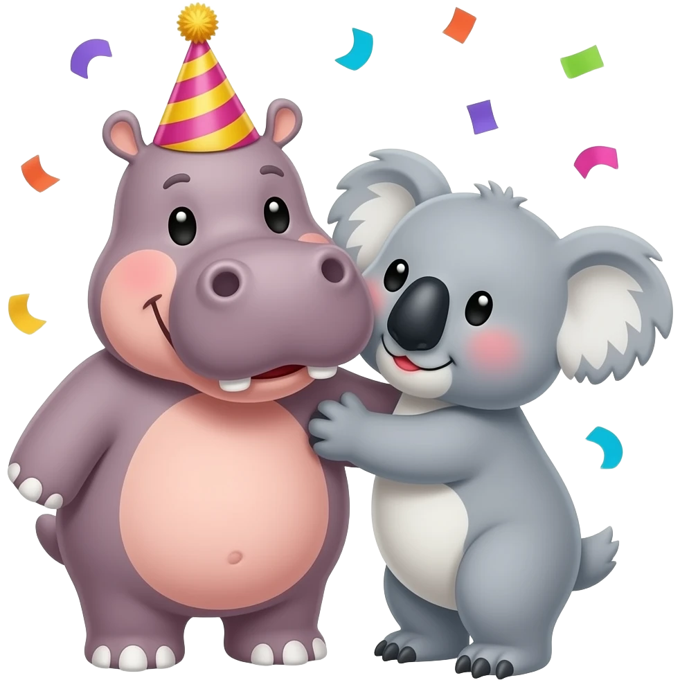 Hippo face birthday! Party hat and confetti and happy on its birthday and all the accessories and celebrations with koala giving it kiss on cheek celebrating emoji