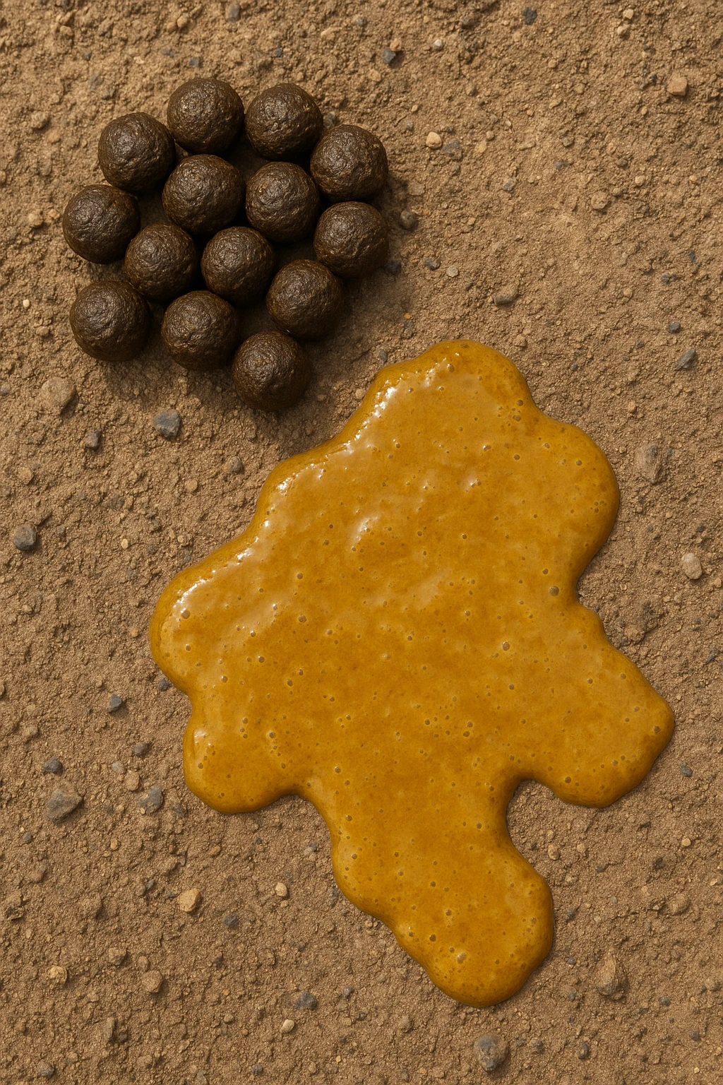 feci di animale a palline viste dall'alto e feci di animale liquide e gialline viste dall'alto, iperrealistico 4k emoji