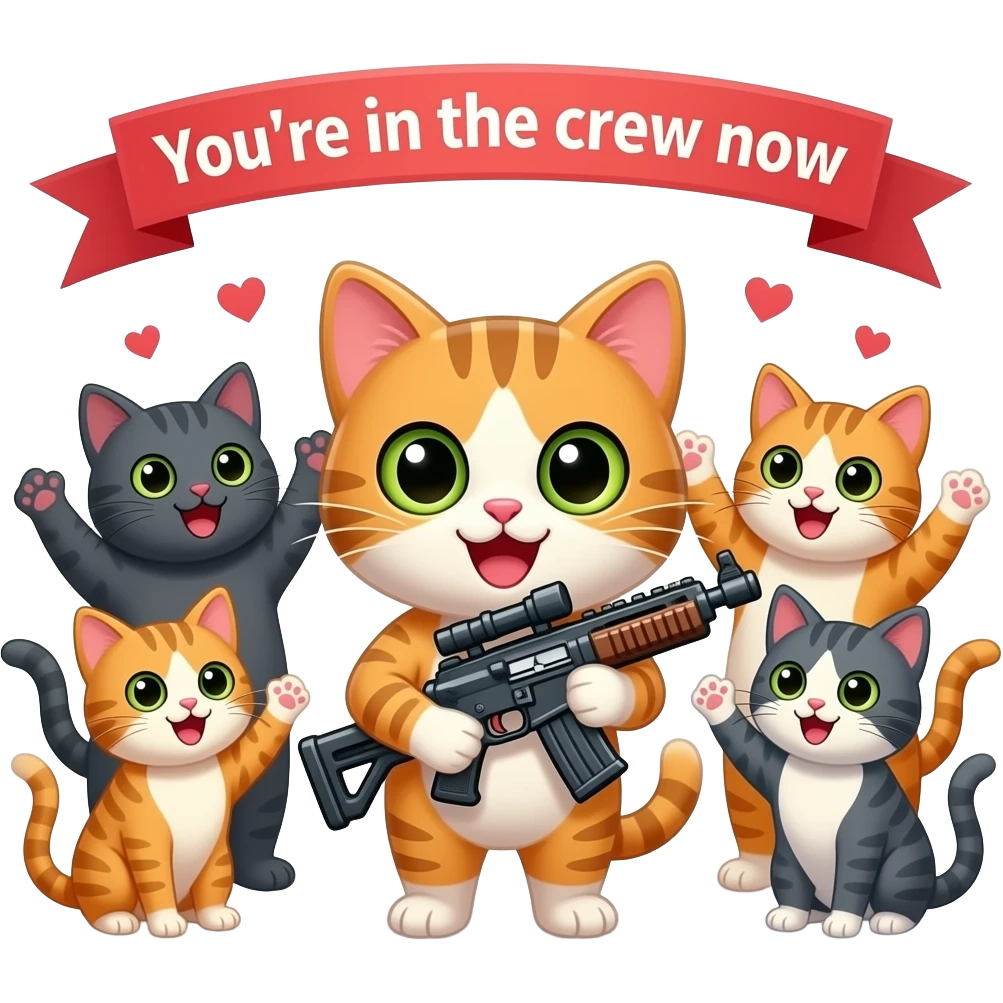 1 kitten, oversized pixelated weapon, 8-bit retro style, sticker, big happy eyes, bigger cats around cheering, sprite celebration TEXT: "You're in the crew now" emoji