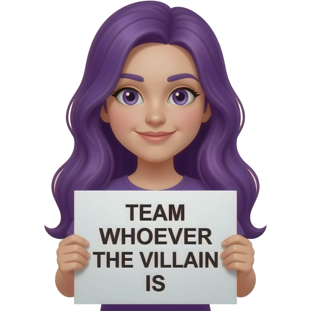 girl with long purple hair holding a TEAM whoever the VILLAIN is sign emoji