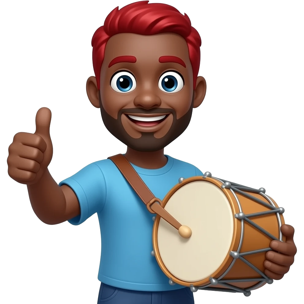 give me a funny black-skinned guy emoji png who's showing with his thumb that everything fine, also on the other hand he holds a jumbo instrument he should have red hair and his eyes being weird wide emoji