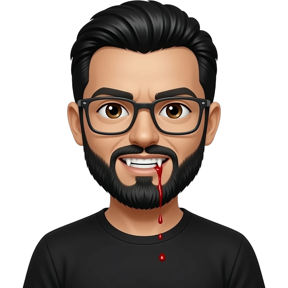 black slick back hair, tan skin, black beard, with square glasses, brown eyes, black tee shirt,  dracula teeth with blood dripping on teeth emoji