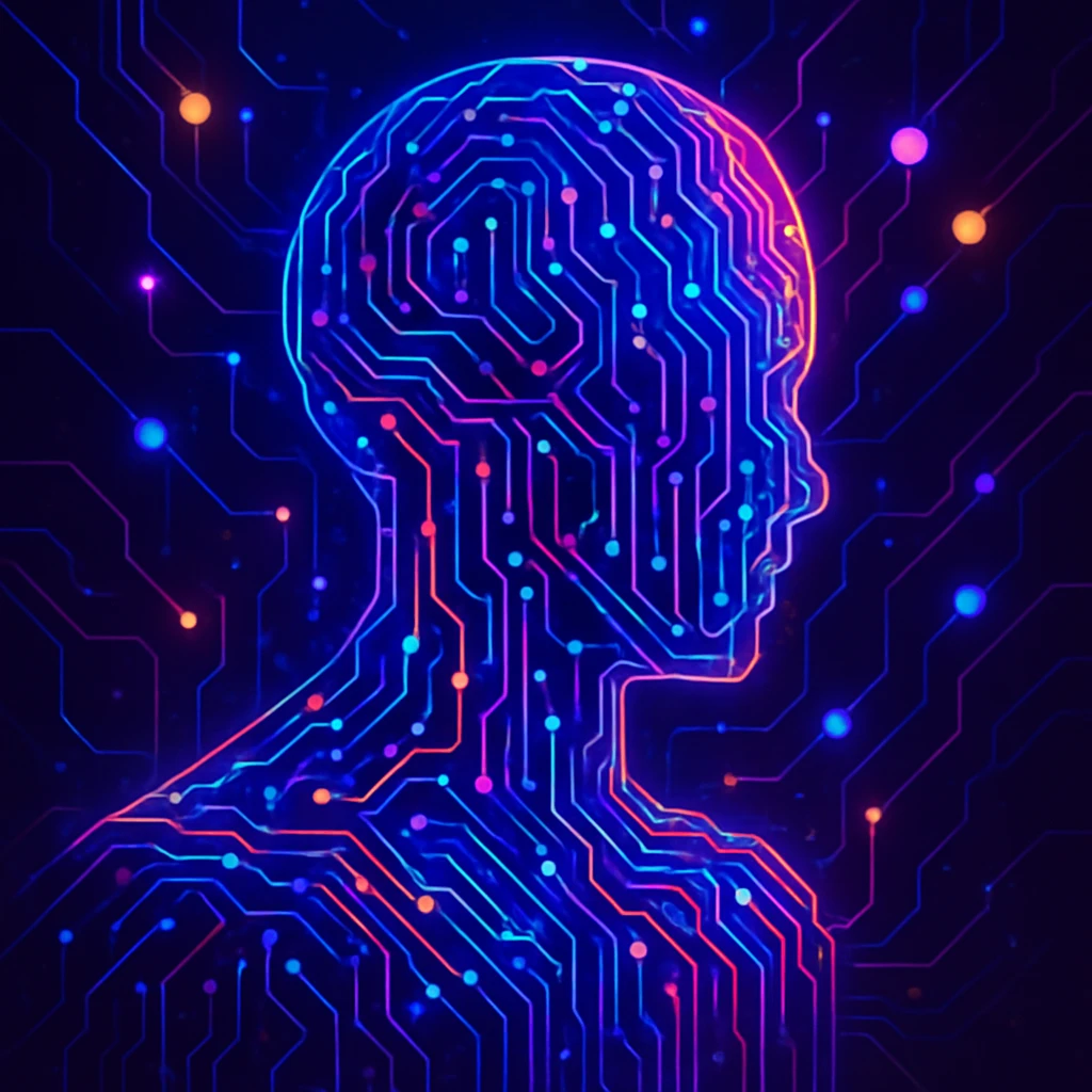 an AI agent, abstract, circuit patterns, vibrant colors emoji