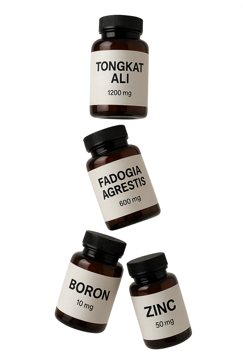 4 boccette di integratore: Tongkat Ali, Fadogia Agrestis, Boron e Zinco fluttuano in aria verticalmente emoji