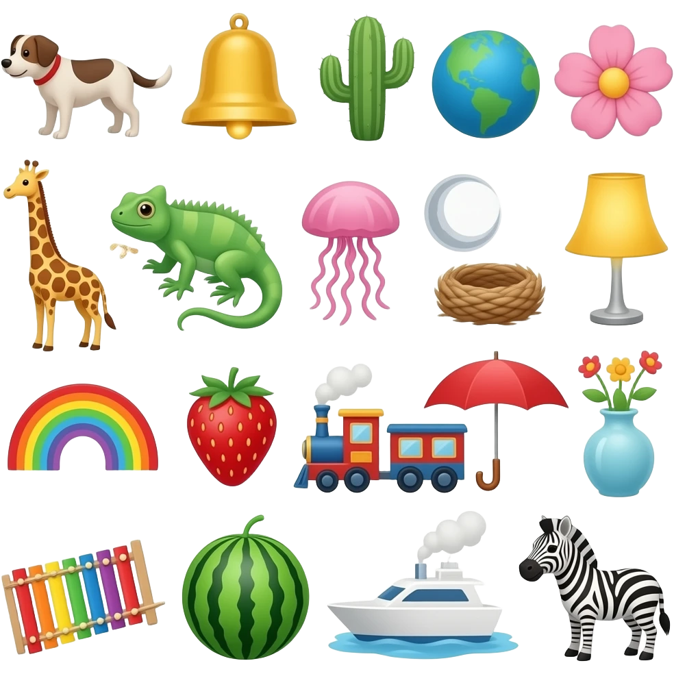 Alphabet: airplane, bell, cactus, dog, earth, flower, giraffe, hammer, iguana, jellyfish, key, lamp, moon, nest, orange, pig, question mark, rainbow, strawberry, train, umbrella, vase, watermelon, xylophone, yacht, and zebra emoji