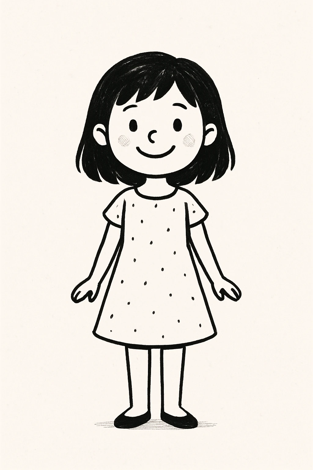 girl in a dress with black hair, smiling, standing pose, minimal background emoji