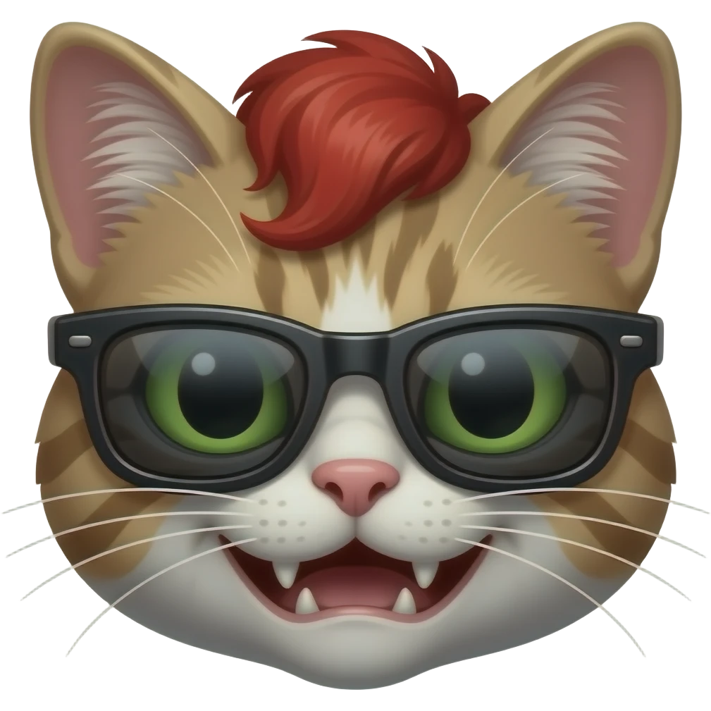 Zombie cat with sun glasses and Red colour hairstyle face emoji