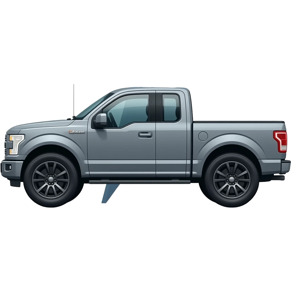 Gray ford f150 with black wheels  in side view with lightning bolt emoji
