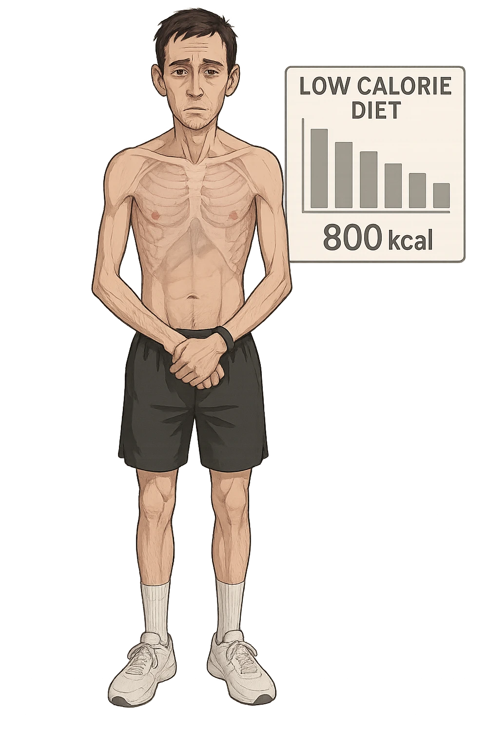 a lean man stands in a clinical setting, with a semi-transparent overlay showing reduced muscle mass and minimal fat stores. His expression is slightly fatigued, and a digital chart beside him displays a low daily calorie intake. The background is clean and modern, emphasizing the effects of a low-calorie diet. emoji