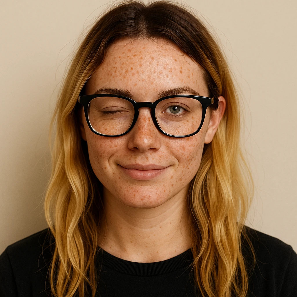 blonde girl with brown roots, freckles, and black frame glasses, winking, plain background emoji
