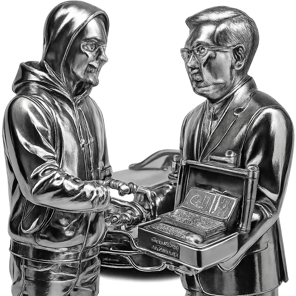 A white man with a goatee in a shiny chrome hoodie, shaking hands with a Chinese man, passing a briefcase of money, AMG car in the background. emoji
