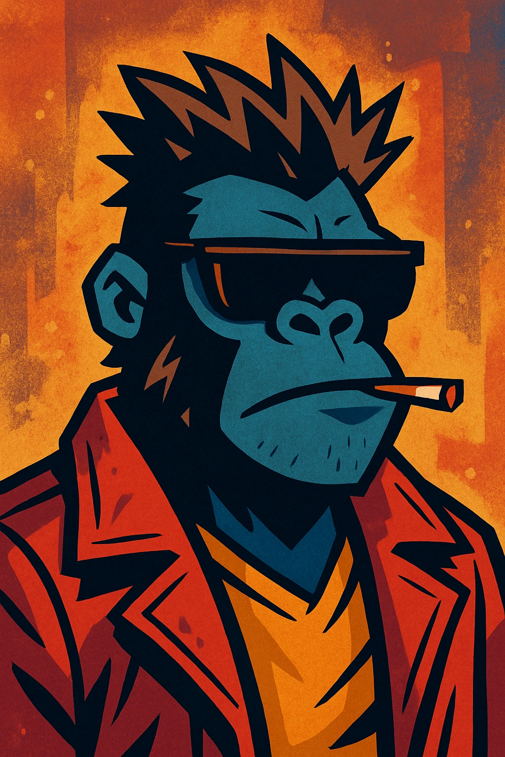 A gorilla styled like Tyler Durden from Fight Club, with a rebellious attitude, spiky hair, red leather jacket, and sunglasses, in a gritty, cinematic illustration. emoji
