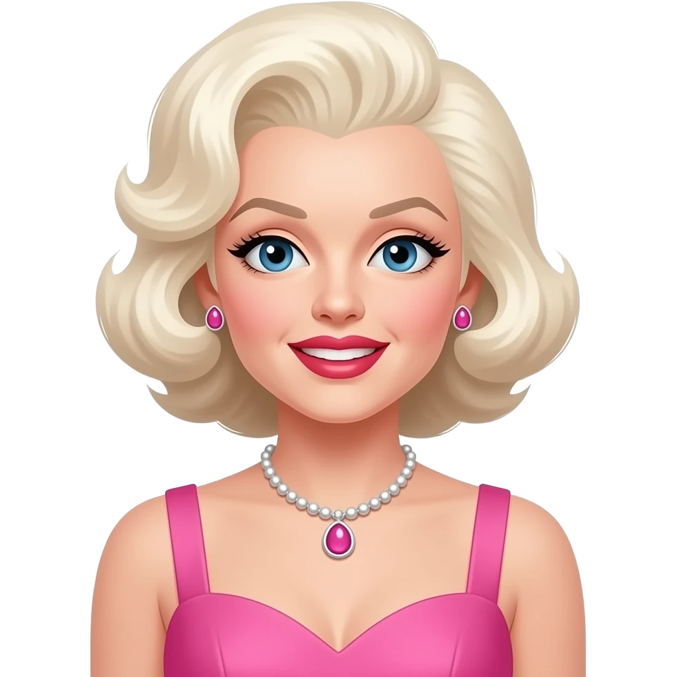 Marilyn Monroe with blue eyes, long white blonde 50s pin-up hair, pink hollywood dress, necklace and earrings emoji