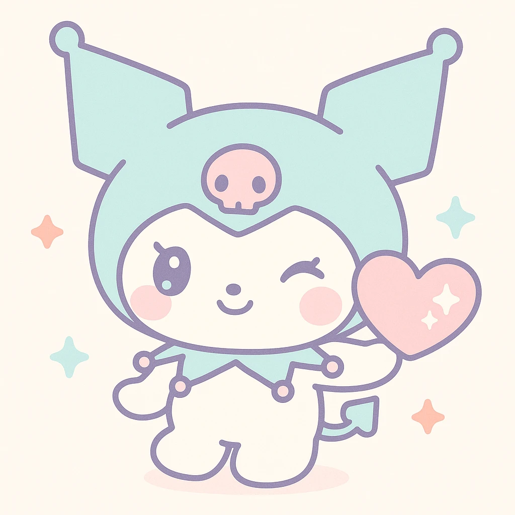 Kuromi character winking and presenting a heart, kawaii style, heart with sparkles emoji
