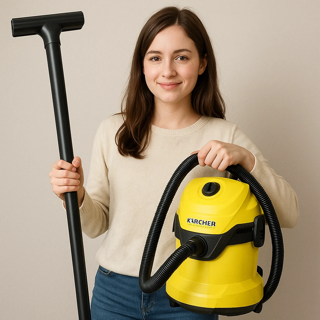 white girl with brown hair holding a Karcher vacuum cleaner, style 2 emoji