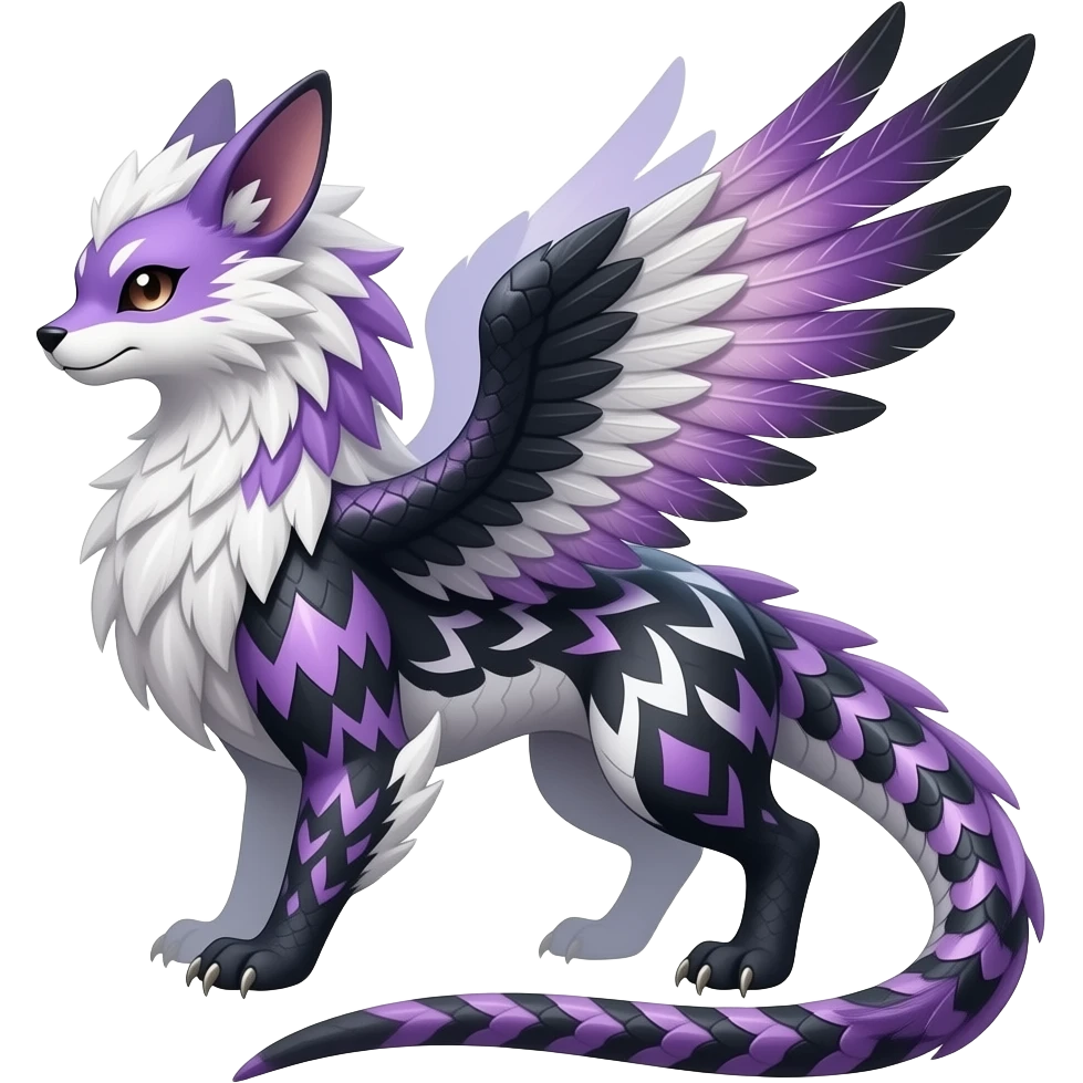 Scroll-patterned majestic feathery elegant realistic stylish Furry, feathery fluffy tropical flecked painted feathery scaly, Purple, white, black, Minccino-Bambino-Lykoi-Linoone-Zangoose-fusion-hybrid-animal-Fakémon-creature, full body, thin long sleek scaly tail, intricate markings emoji
