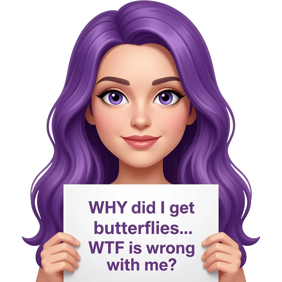 sexy girl with long purple hair and purple eyes holding a WHY did I get butterflies... WTF is wrong with me? sign emoji