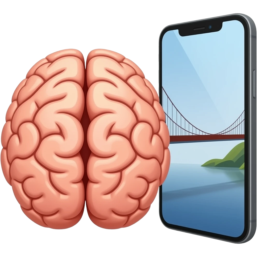 make emoji where there is a bridge connecting brain and smartphone . Brain is on the left, smartphone on the right, between them is a bridge that is connecting it emoji